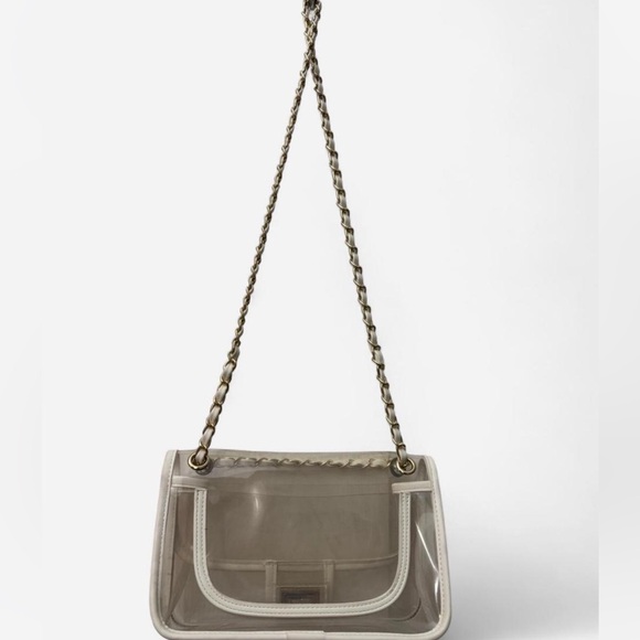 Clear plastic w/white leather trim & gold chain game day festival purse - Picture 3 of 4